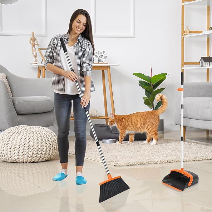 Broom and Dustpan Set Adjustable Handle Broom with Dustpan Combo Set