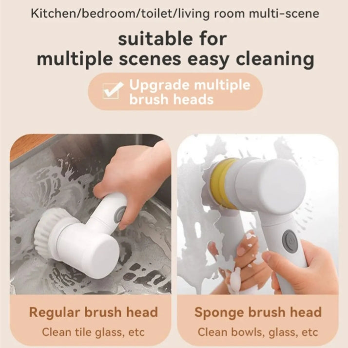 5-in-1 Rechargeable Magic Brush – 360° Rotating Electric Scrubber with 3 Interchangeable Cleaning Heads